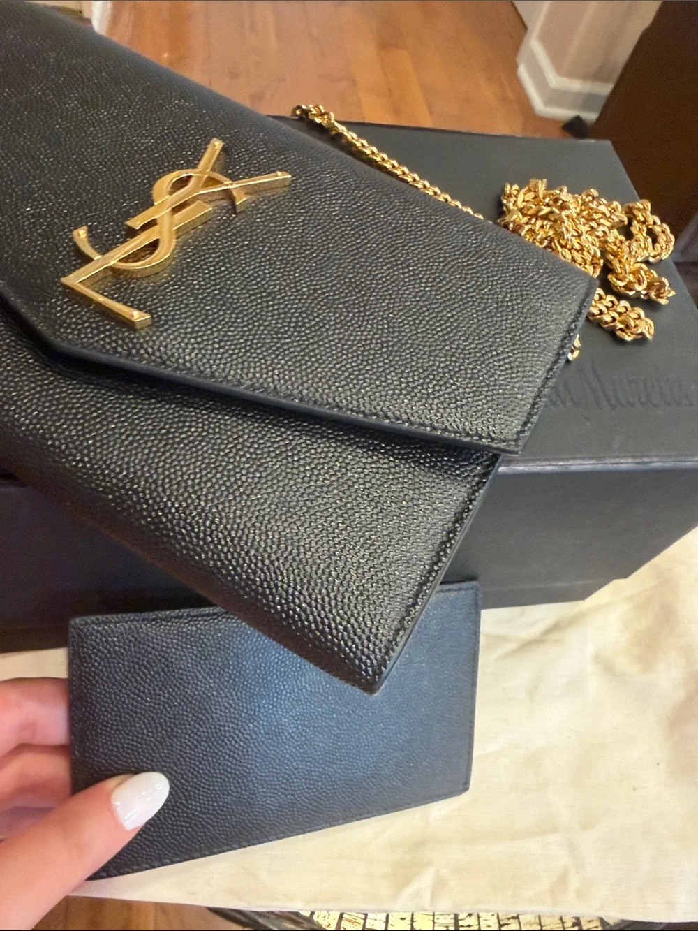 YSL Yves Saint Laurent Black Grain Leather Wallet-on-Chain with Gold Logo